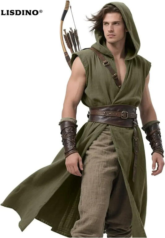 Men's Medieval Hooded Surcoat Renaissance Tabard Sleeveless Tunic Cloak Viking Costume - black / S