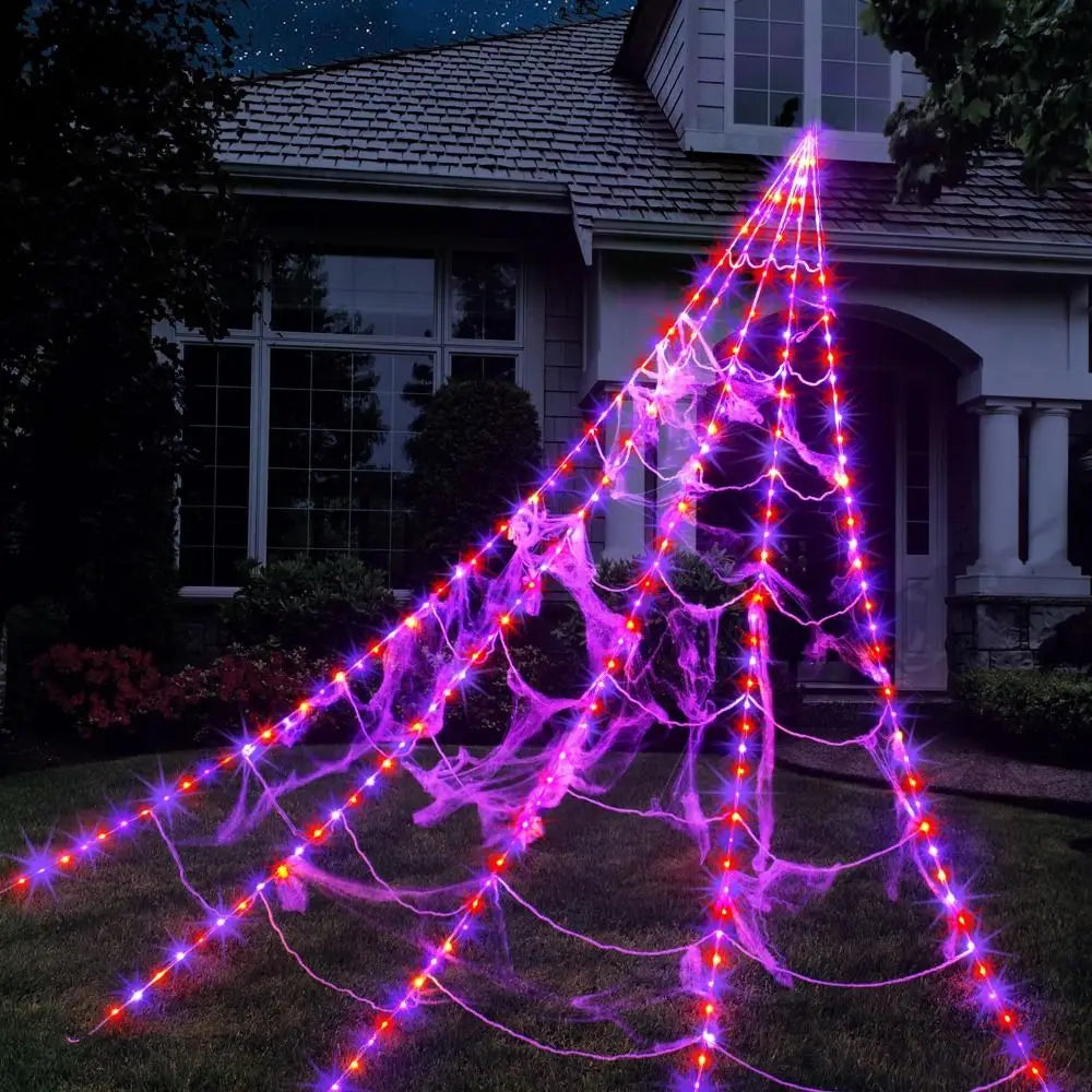 8 Modes Halloween Spider Web Lights Waterproof 250 LEDs LED Spider Net 16.4 Ft Big Scary Giant Spider Party