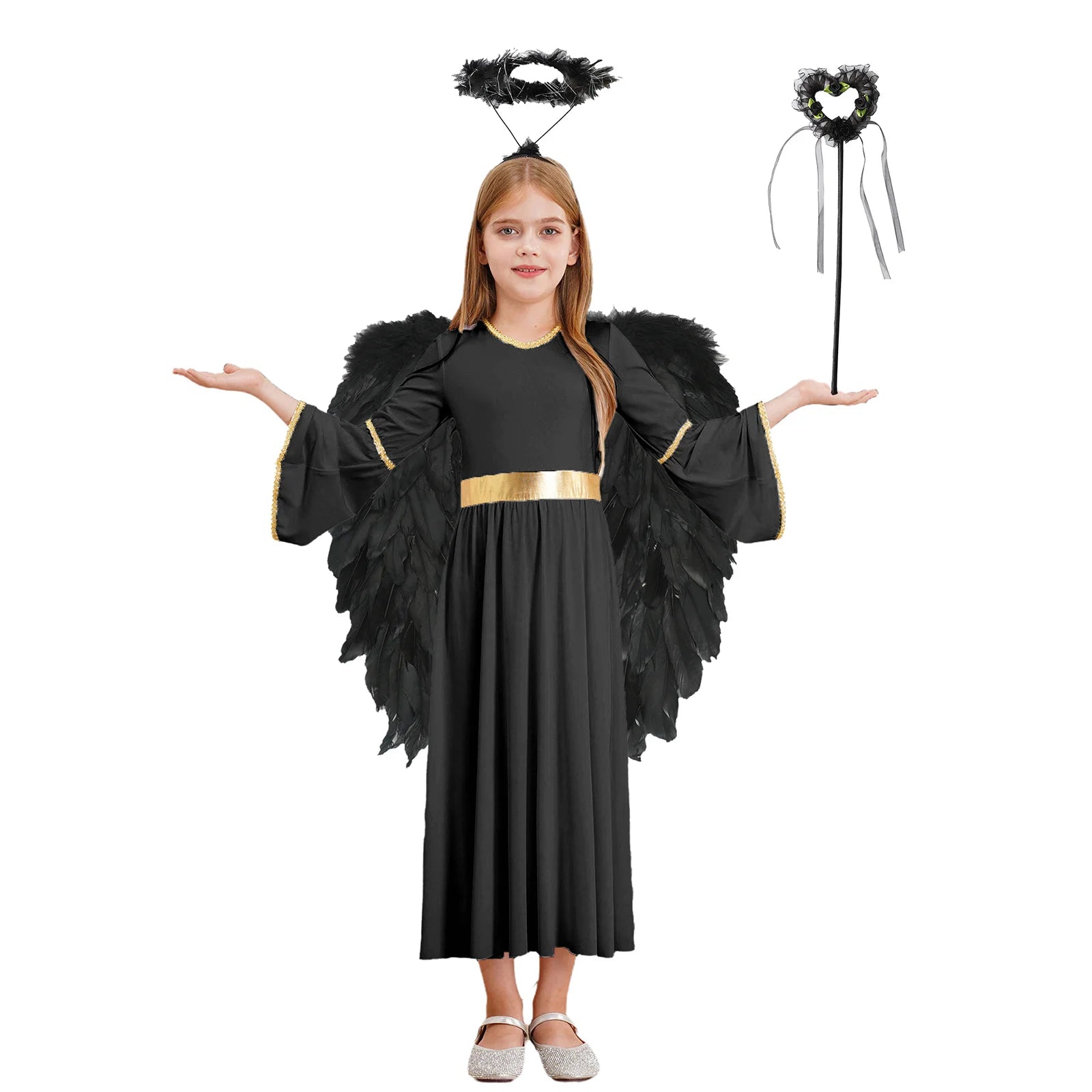 4Pcs Girls Angel Costume Outfits White Long Sleeve Dress with Feather Wings Hairband