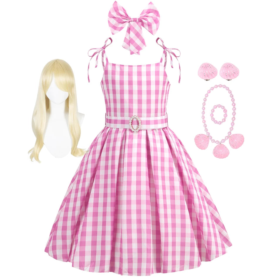 Girls Pink Plaid Princess Halloween Costume Dress