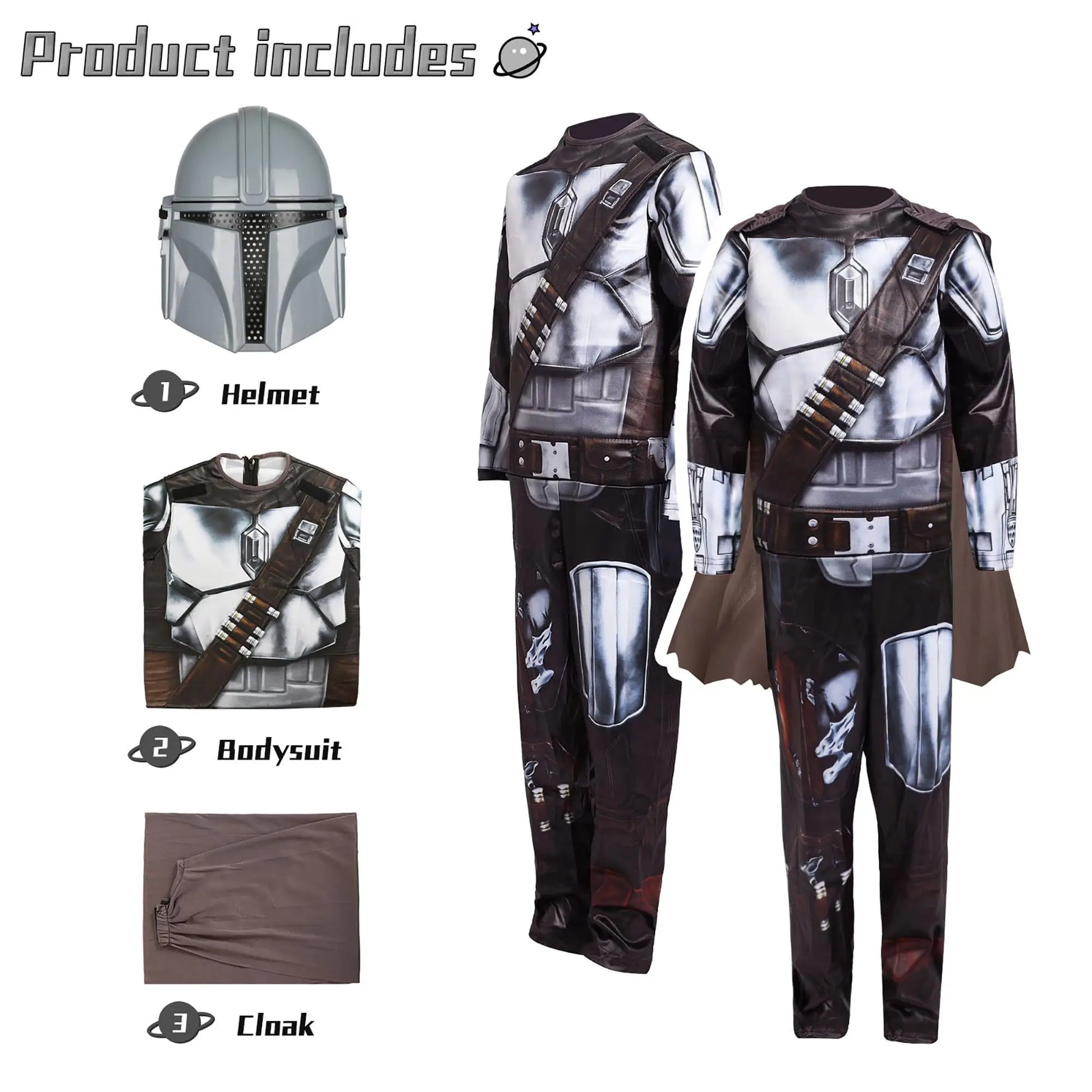 Mandalorian Costume Kids Boys with Mandalorian Helmet Cloak Jumpsuit Costume Outfit for - Silver / L