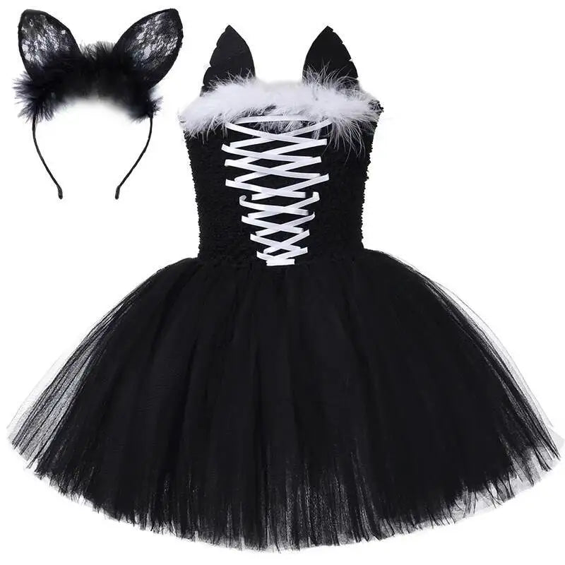 Girls Black Cat Halloween Dress Costume