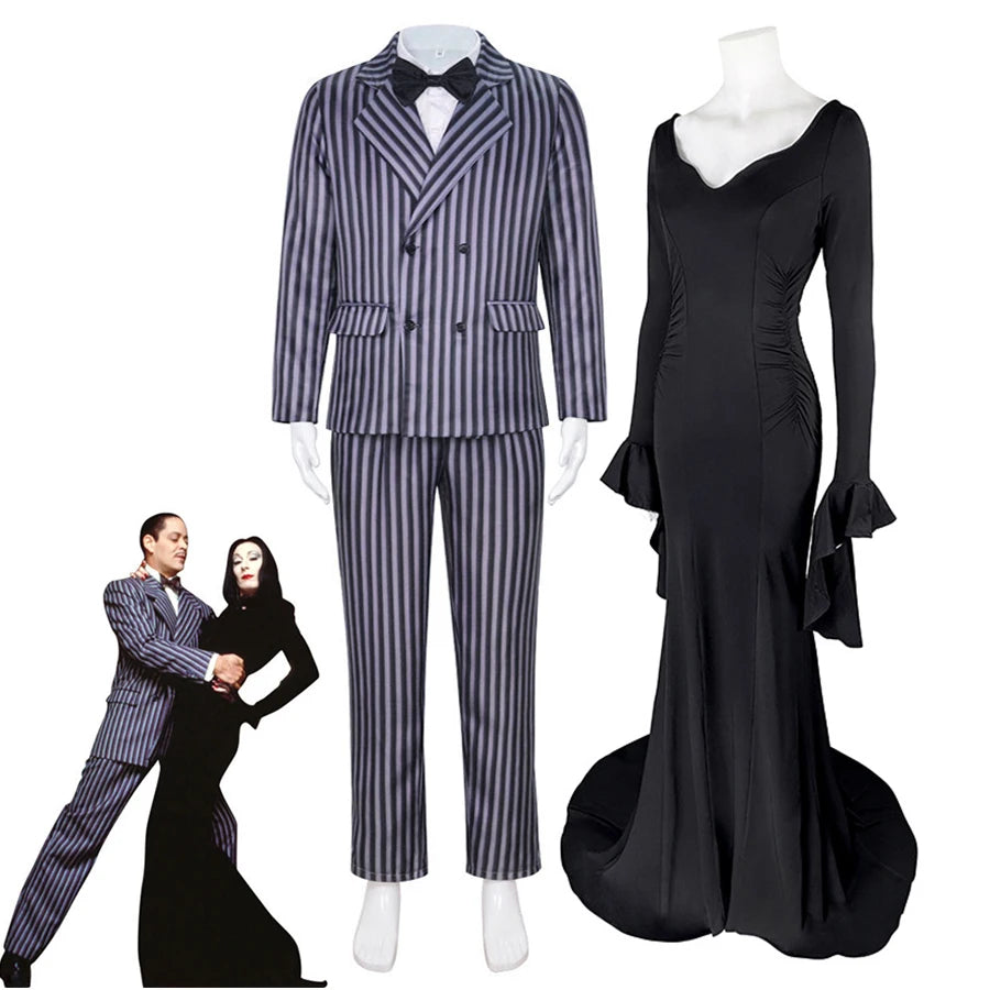 Morticia Addams Costume Black Gothic Dress Sexy Dresses Gomez Addams Men Suit Uniform - women dress / 3XL