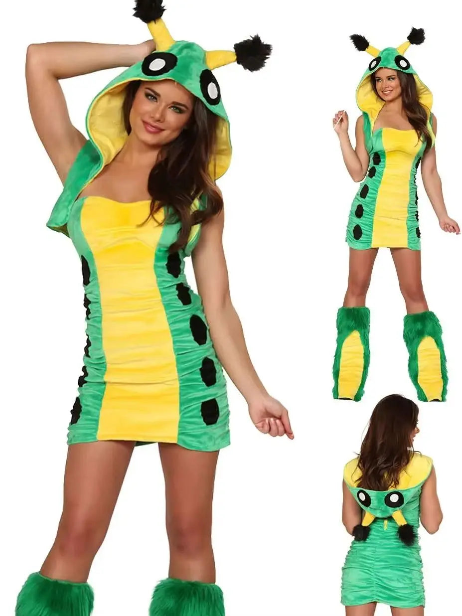 Adult female sexy and cute green caterpillar frog Halloween party fox costume animal role-playing costume and big tail costume