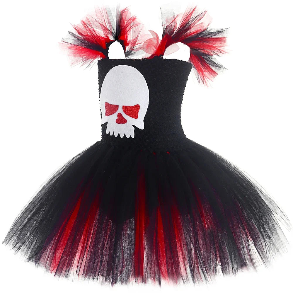 Scary Ghost Skull Costume for Girls Halloween Day of The Dead Dress Up Clothes Red Black Kids Fancy Tutu Dress - product image 3