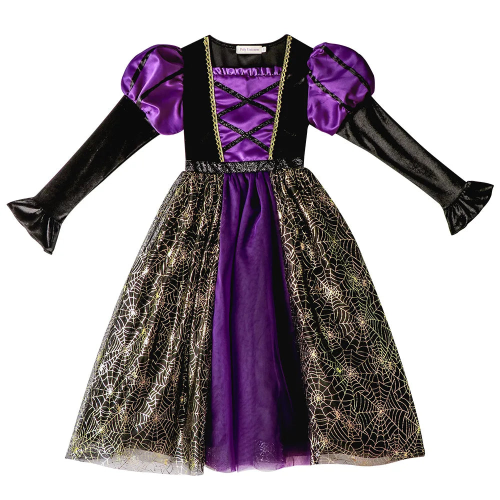 Purple Black Witch Golden Spider Web Kids' Dress Halloween Costume - product image 2