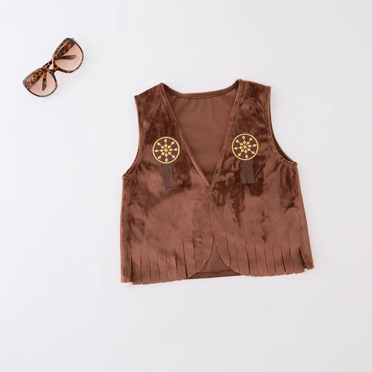 Kids Cowboy Brown Fleece Cowboy Vest with Bandanna & Hat Set Children Western Role