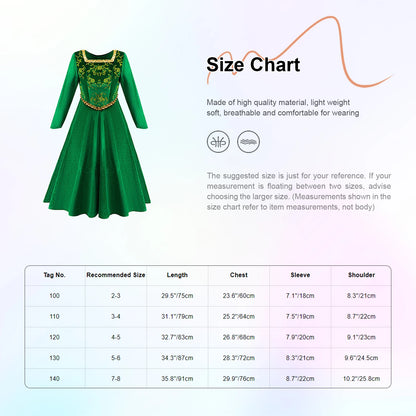 Girls Halloween Cartoon Movie Princess Cosplay Costume Long Sleeve Flower Print Green Dress Gown for Carnival - product image 6