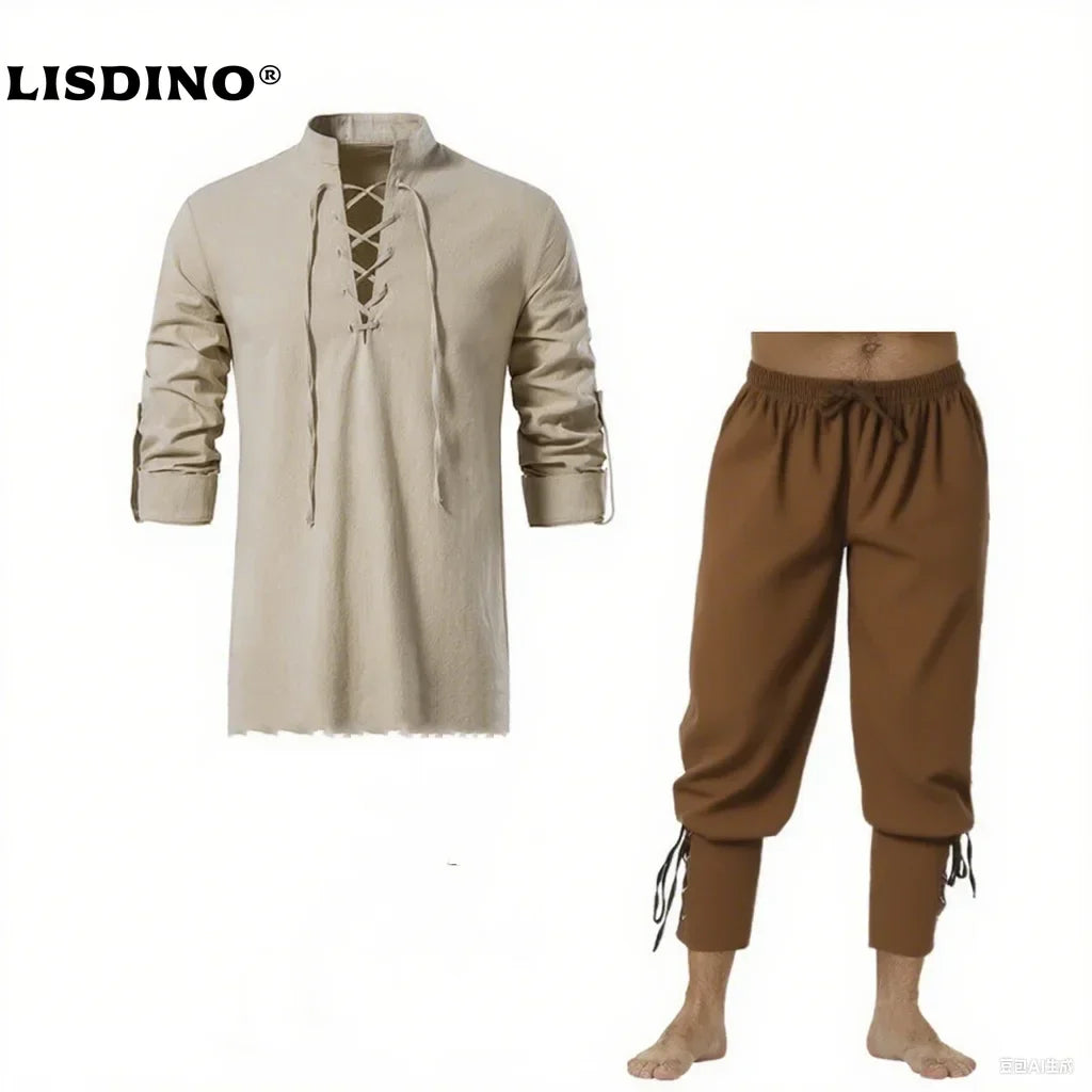 2Pcs Retro Vintage Medieval Renaissance Costume Outfits Pirate Viking Casual Daily