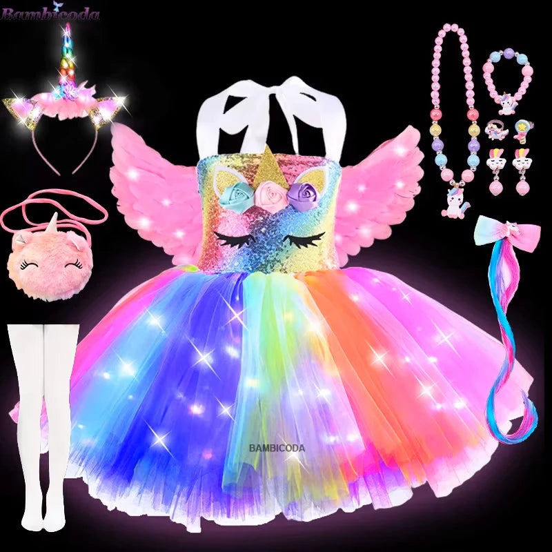 Girls Shiny Unicorn Tutu Led Lighting Dress Glowing Dresses Princess Dress Clothing