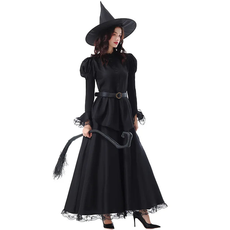Halloween Witch Costume Black Lace Magical Wizard Dress Hat Belt 3pcs Set Women Gothic Elegant Party Outfit - product image 3