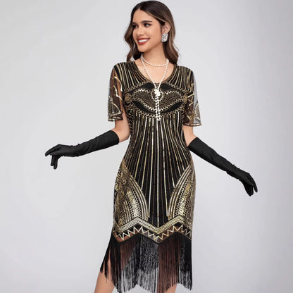Vintage 1920s Gatsby Flapper Dress Black Gold Peacock Sequins Fringe Sleeveless Art Deco Party Peacock Beaded Sequin Fringe