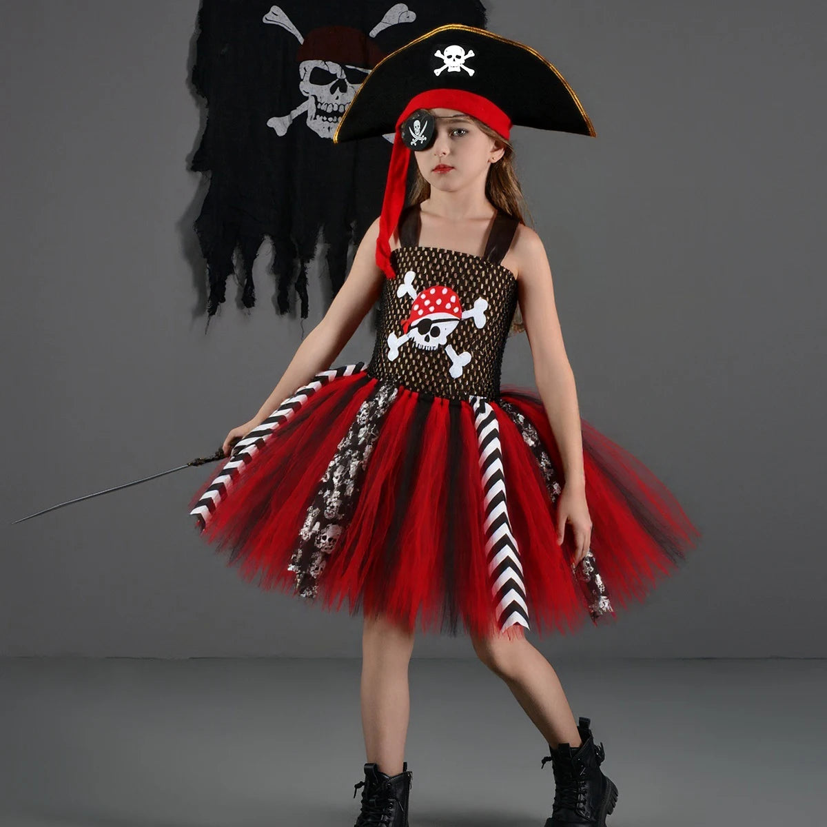 Black Red Halloween Girls Pirate Dress Cosplay Pirate Costume with Hat Kids Clothing - product image 2