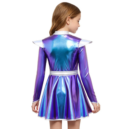 Kids Halloween Alien Costume Girls Metallic Shiny Zipper A-line Tutu Dress for Outer Space Robot Astronaut - product image 2