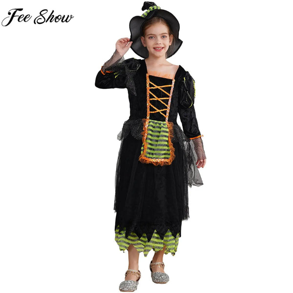 Girls Witch Dress Long Sleeve Shiny Sequin Mesh Sorceress Dresses