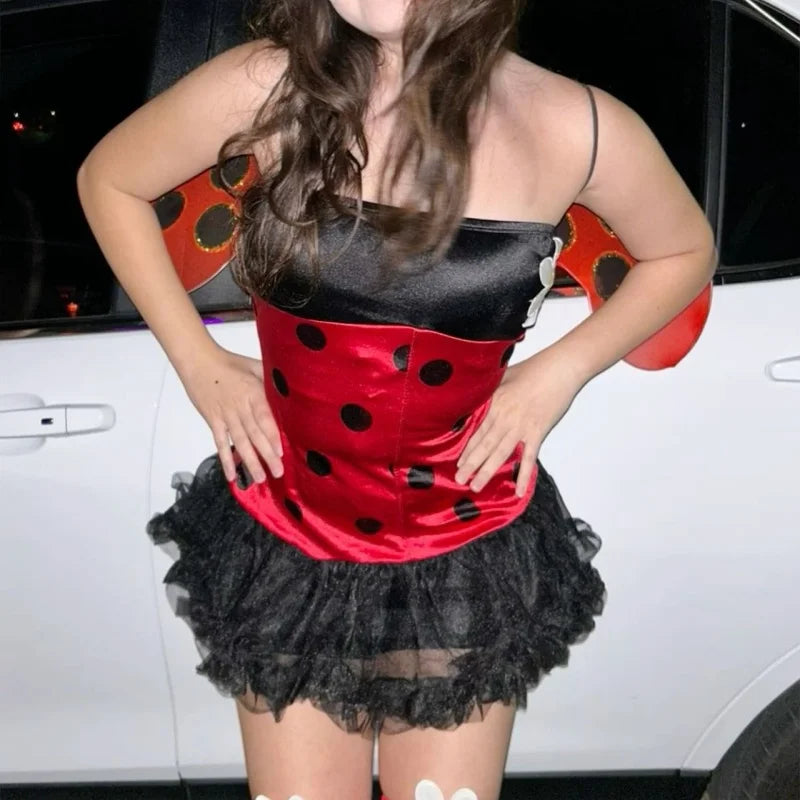 Women Ladybug Costume Dress up Beetle Wings Bee Fairy Role Play Costume Outfit Dress