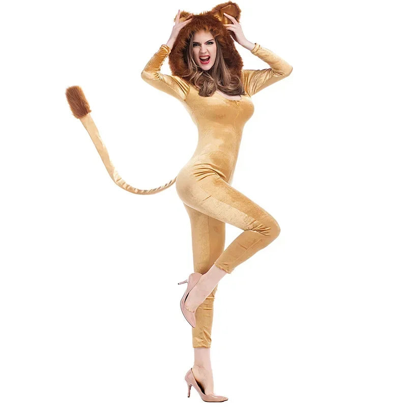 Women's For Lion King Animal Cartoon Lion Plush Hooded Jumpsuit With Costume - alternate view 2