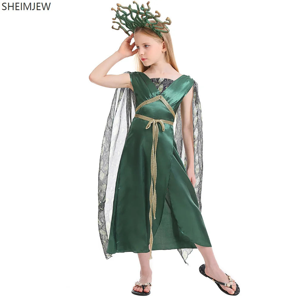 Kids Halloween Costume Girl Ancient Greek Mythology Goddess Robe Female Demon Snake Dress - Dress Green Headwear / L(140-155)