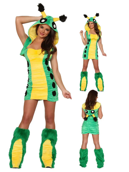 Adult female sexy and cute green caterpillar frog Halloween party fox costume animal role-playing costume and big tail costume