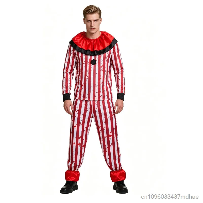 Adult Horror Clown for Men Red White Striped Blood Top with Ruffle Collar Costume - alternate view 5