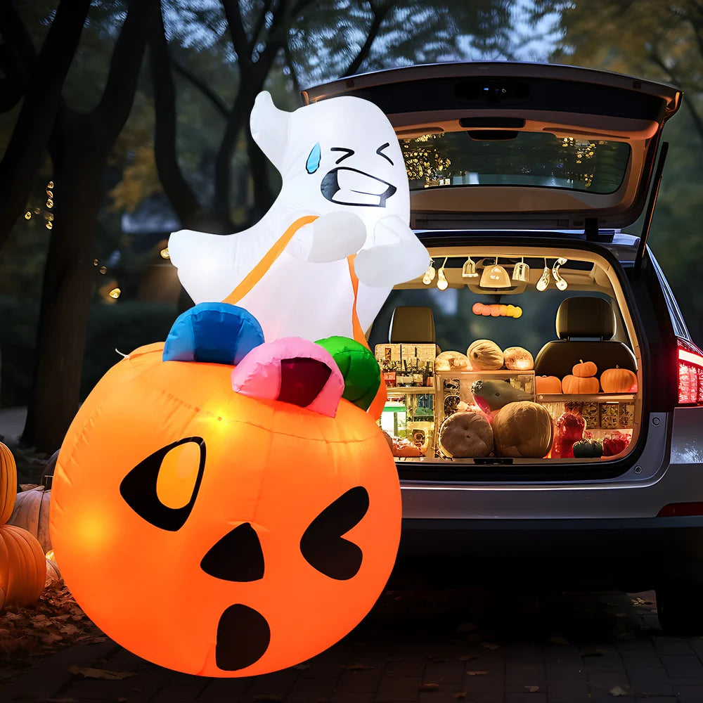 5 Ft Inflatable Ghost Halloween Decoration with LED Lights & Pumpkin Candy Bag