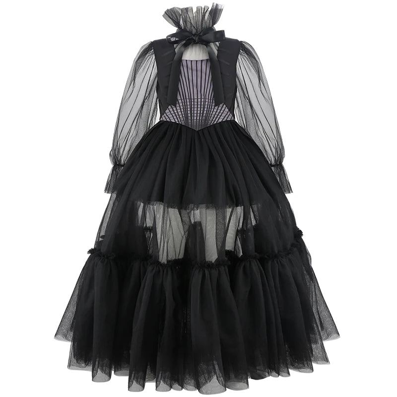 Girls Long Black Halloween Costume Dress with Accessories