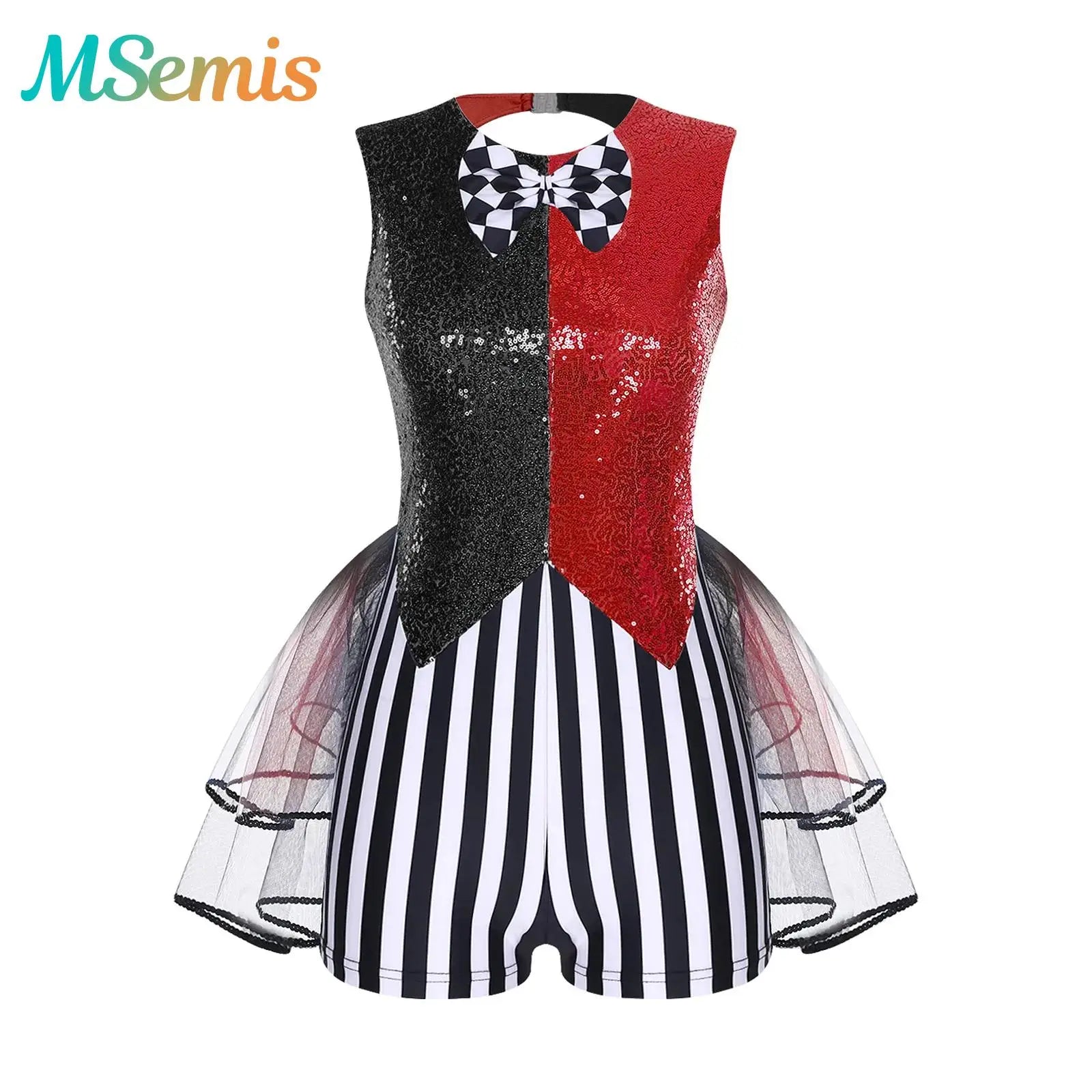 Women's Mad Circus Clown Rompers Bodysuit Ballet Dance Costume Sequin and Striped Checker