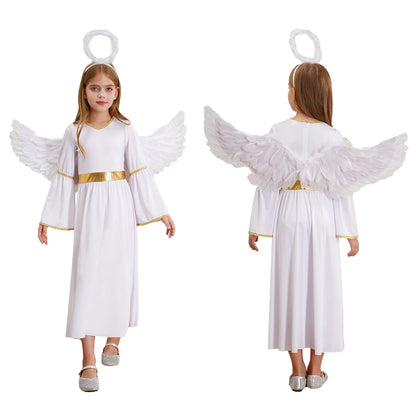 Girls Angel Costume Halloween Greek Goddesses Theme Dress Up Gold Trim Gown Dress Hairband - Black / 12