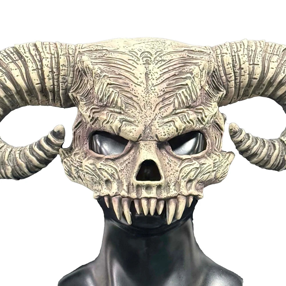 Realistic Satan's Bull Horn Latex Mask Horror Ox Horn Demon Hood MasqueradeHalloween