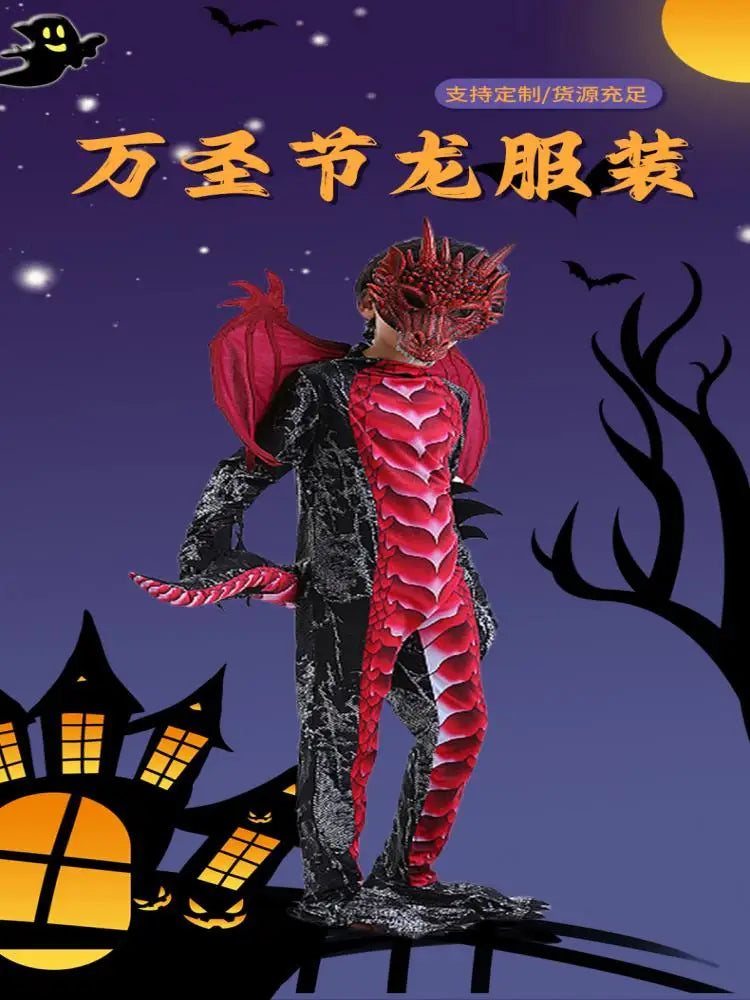 Kids Dragon Costume Boys Halloween Cosplay Dinosaur Jumpsuit Mask 2pcs Set Outfit Blue Red - product image 6