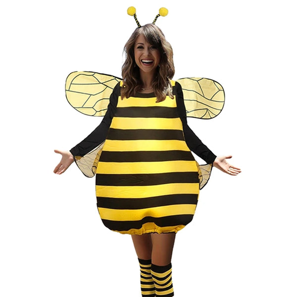 Women's Outfit Long Sleeve Striped Patchwork Bee with Knee-high Socks and Costume