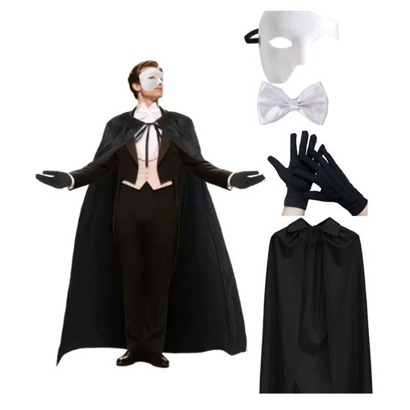 Halloween Masquerade Phantom Costume Kit, Black Long Cape Half Mask Bow Tie Gloves Adult Men Opera Ghost - product image 8