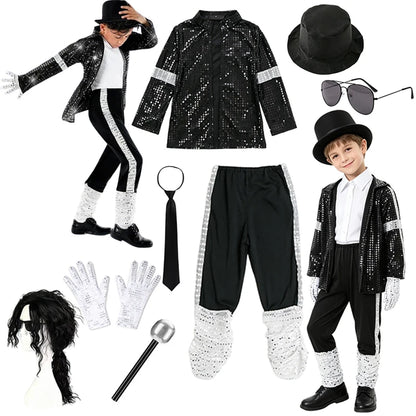 Kids Boys Michael Jackson Inspired Costume Set with Full Accessories for Dance Performance and Halloween Party