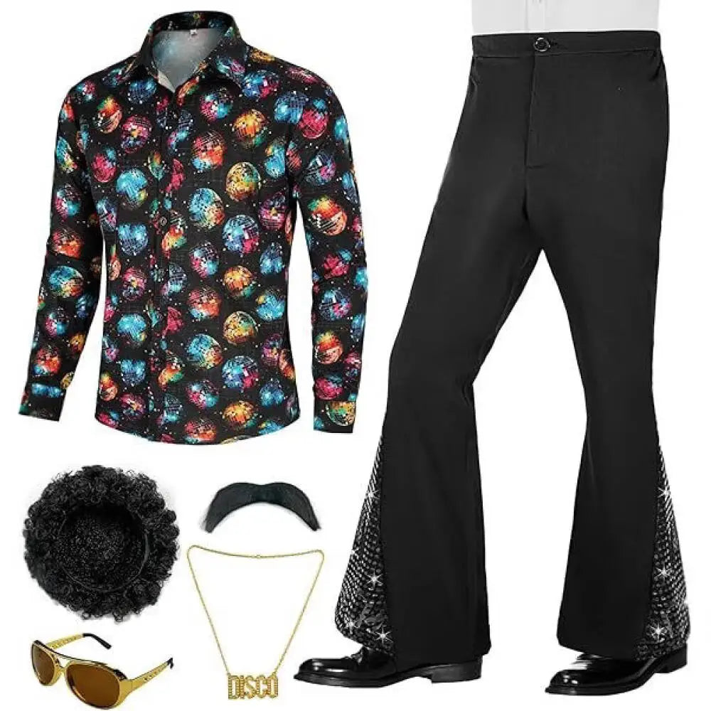 Men's 70S Retro Disco Printed Shirts Bell-Bottom Pants Afro Wig Sunglasses Costume - alternate view 2