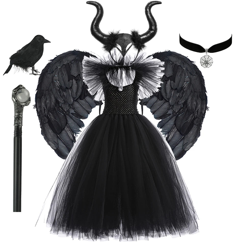 Kids' Horned Dark Fairy Queen Evil Witch Black Tulle Fantasy Costume - alternate view 6