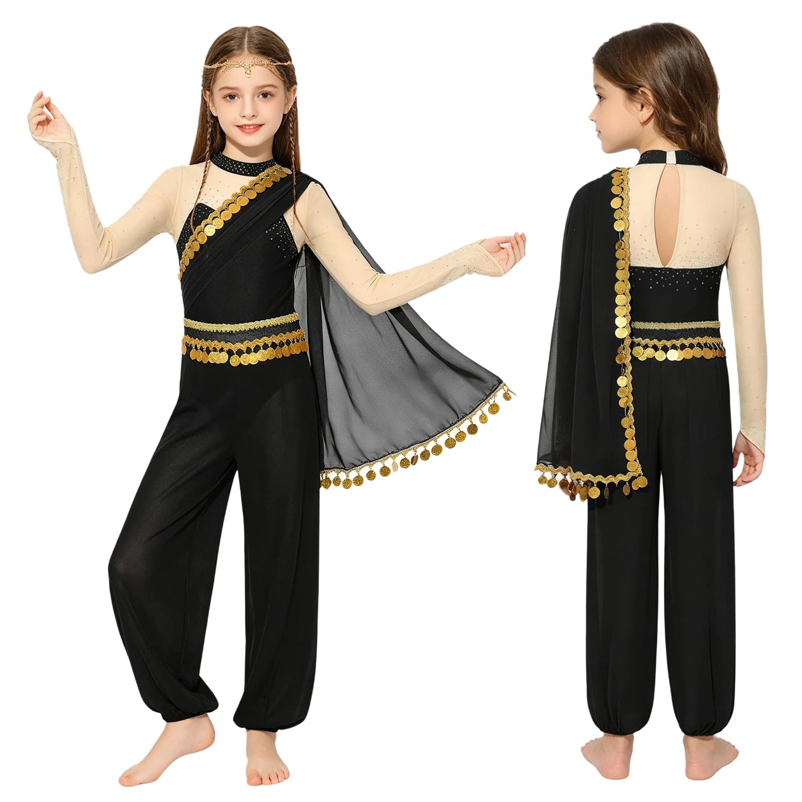 Girls Arabian Princess Belly Dance Outfits Halloween Cosplay Costume Sequins Tassels Rhinestone Jumpsuit Long - product image