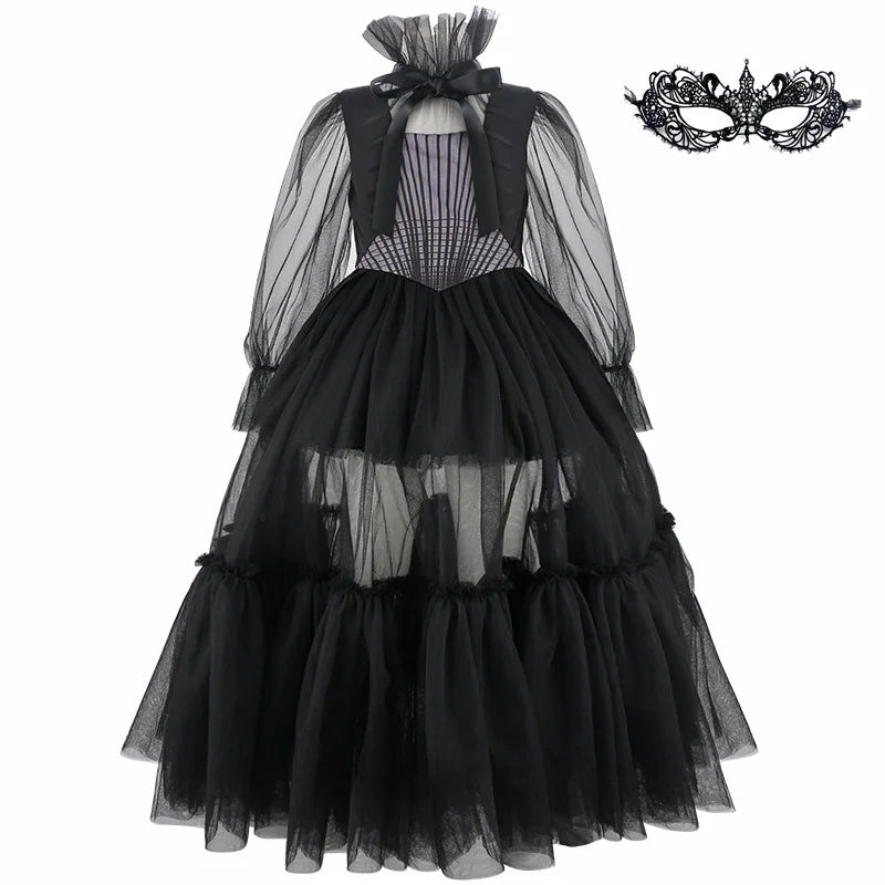 Girls Long Black Halloween Costume Dress with Accessories