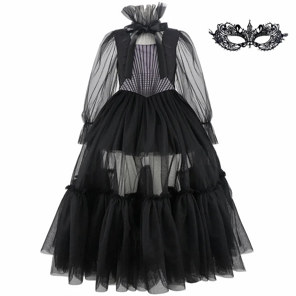 Girls Long Black Halloween Costume Dress with Accessories
