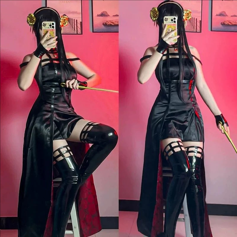 Halloween Anime Yor Forger Costume Outfit Gothic Assassin Black Red Skirt Dress Suit - Costume Wig / 2XL
