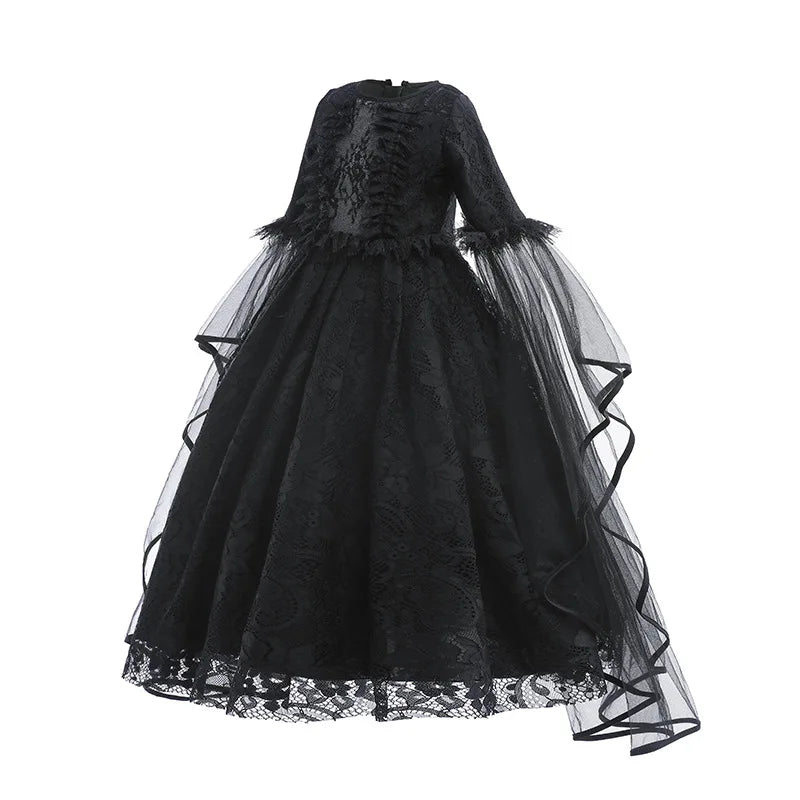 Halloween Dress For Girls Evil Witch Cosplay Costumes Children Lace Ruffles Floor Length Outfits Kids - product image 2