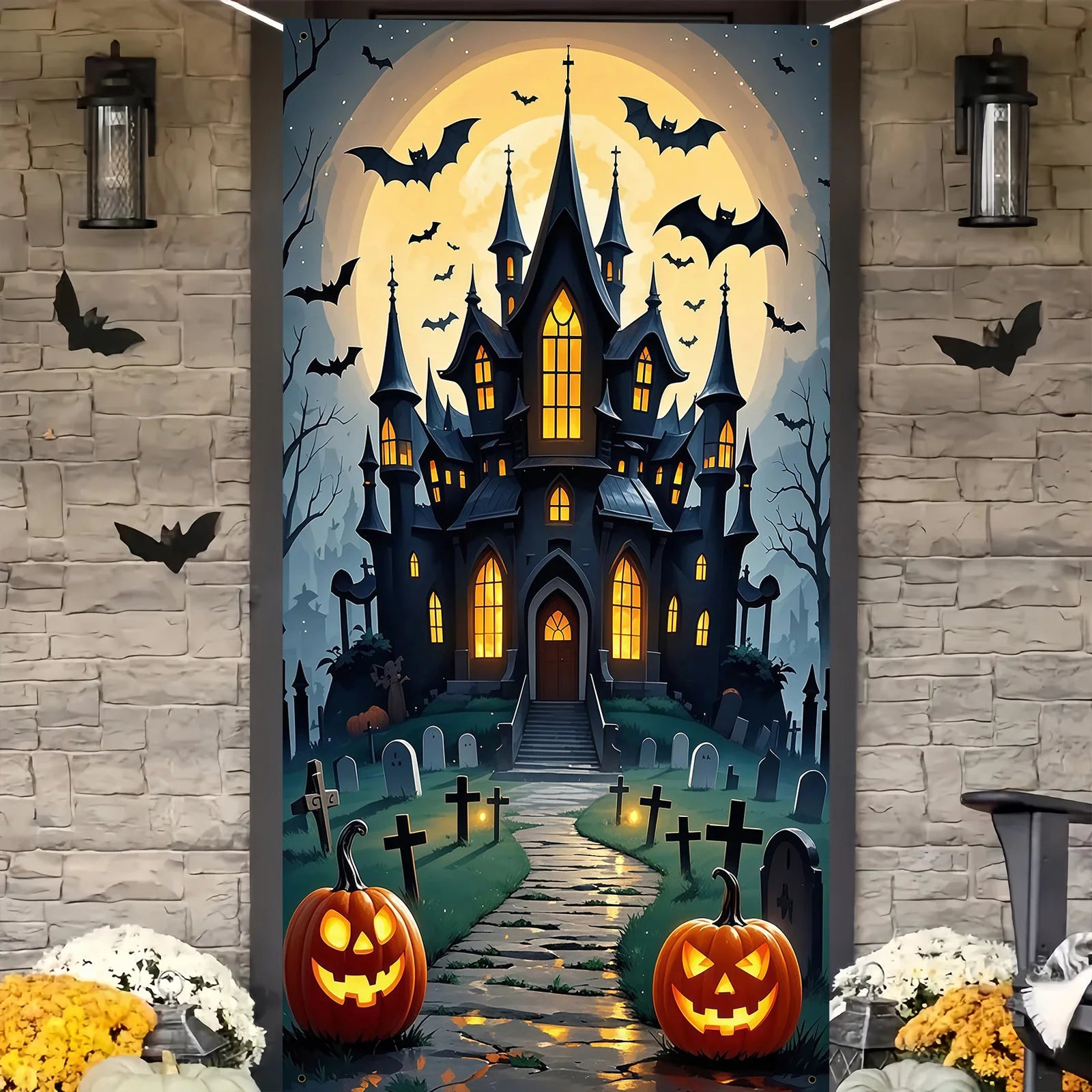 Scary Halloween Door Decoration - Polyester material, full moon and ghost - product image 5