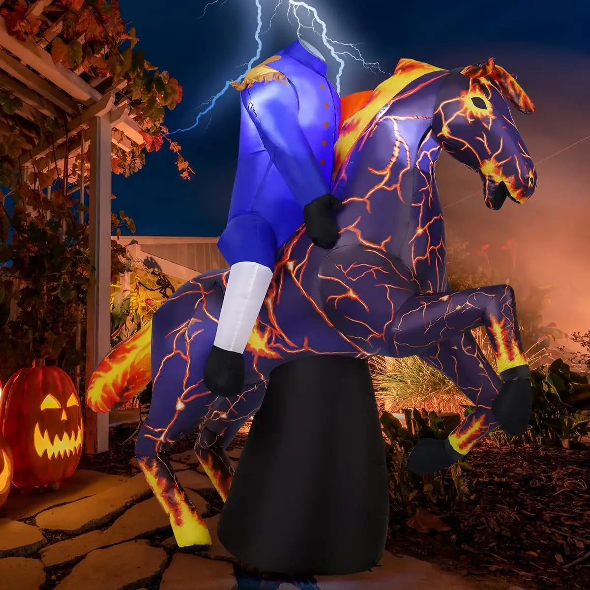 6FT Long Halloween Inflatables Headless Horseman Outdoor Decorations Blow Up Lightning Horse Yard with Built-in LEDs for I