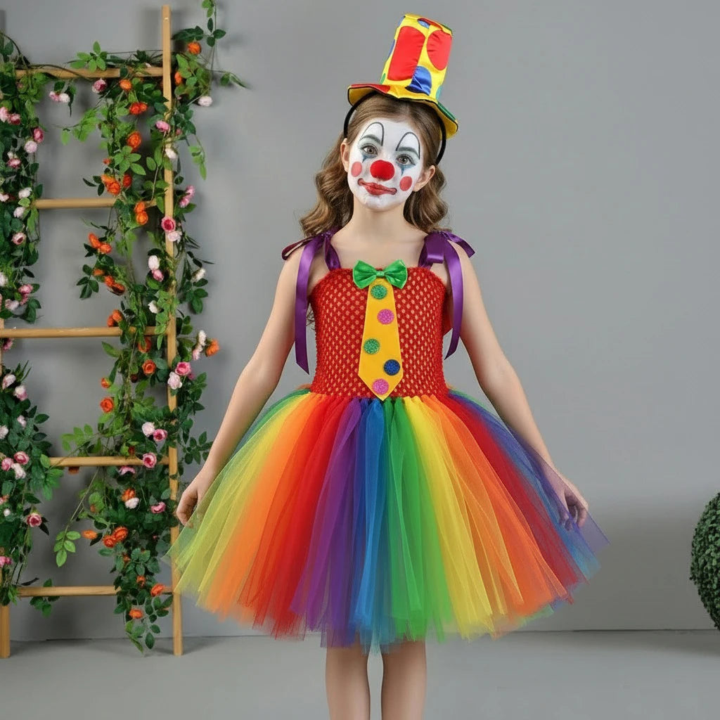 Circus Clown Costume for Girls Dresses Kids Rainbow Clown Costumes Kids Fancy Costume - Brown / M(4-5T)