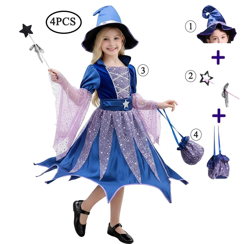 Halloween Costume Girls Costumes Witch Dress 4 PCS Bag Hat Wand Suit Kids Costume Vestidos - 4 PCS A / 5-6T(130)