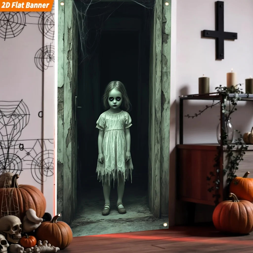 A 2D Flat Banner Suitable For Halloween, Featuring A Large Ghost - view 2