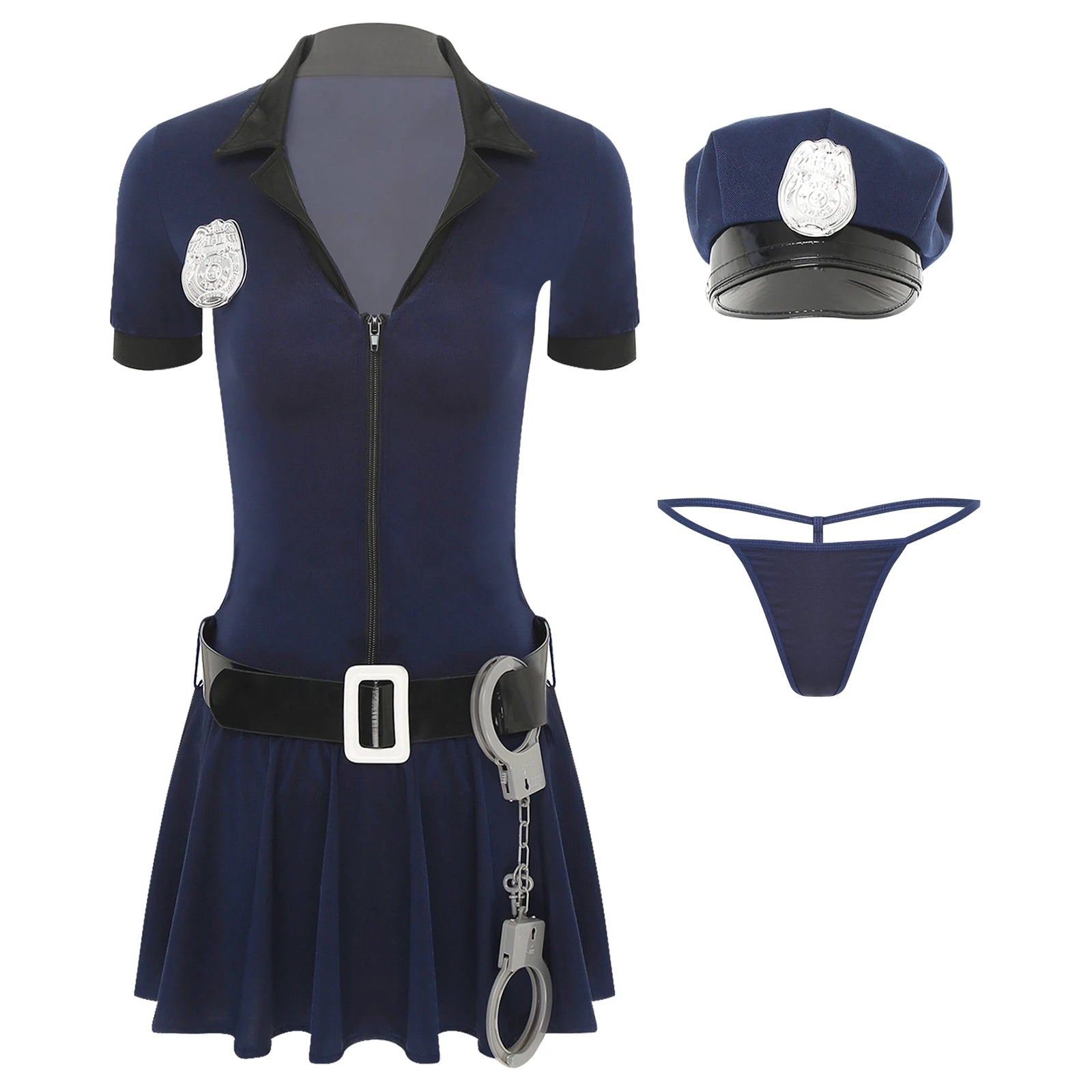 Women's Policewoman Front Zip Thong Waist Belt Manacles 5-Piece Dirty Cop Hat - alternate view 5