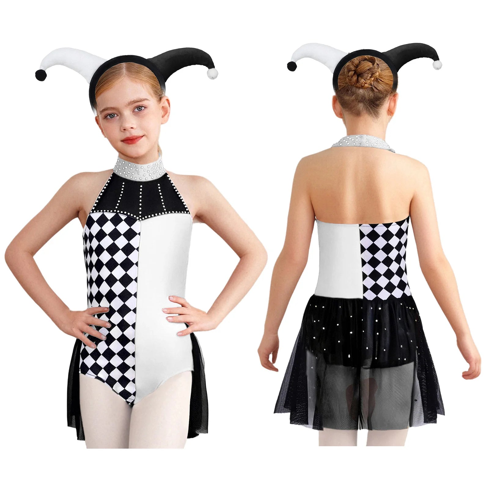 Girls Halloween Circus Clown Costume Performance Costume Sleeveless Rhinestone Mesh Dance - Burgundy Black / 16