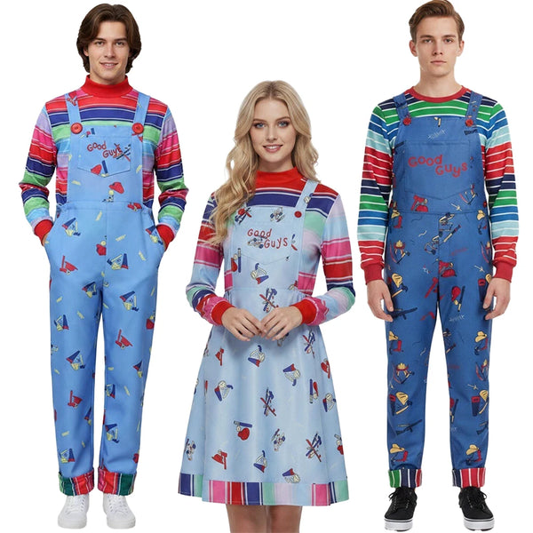 Horror Movie Doll Costume Adults Colorful Striped Top Overalls Dress Costume Retro Scary - 001 / XL