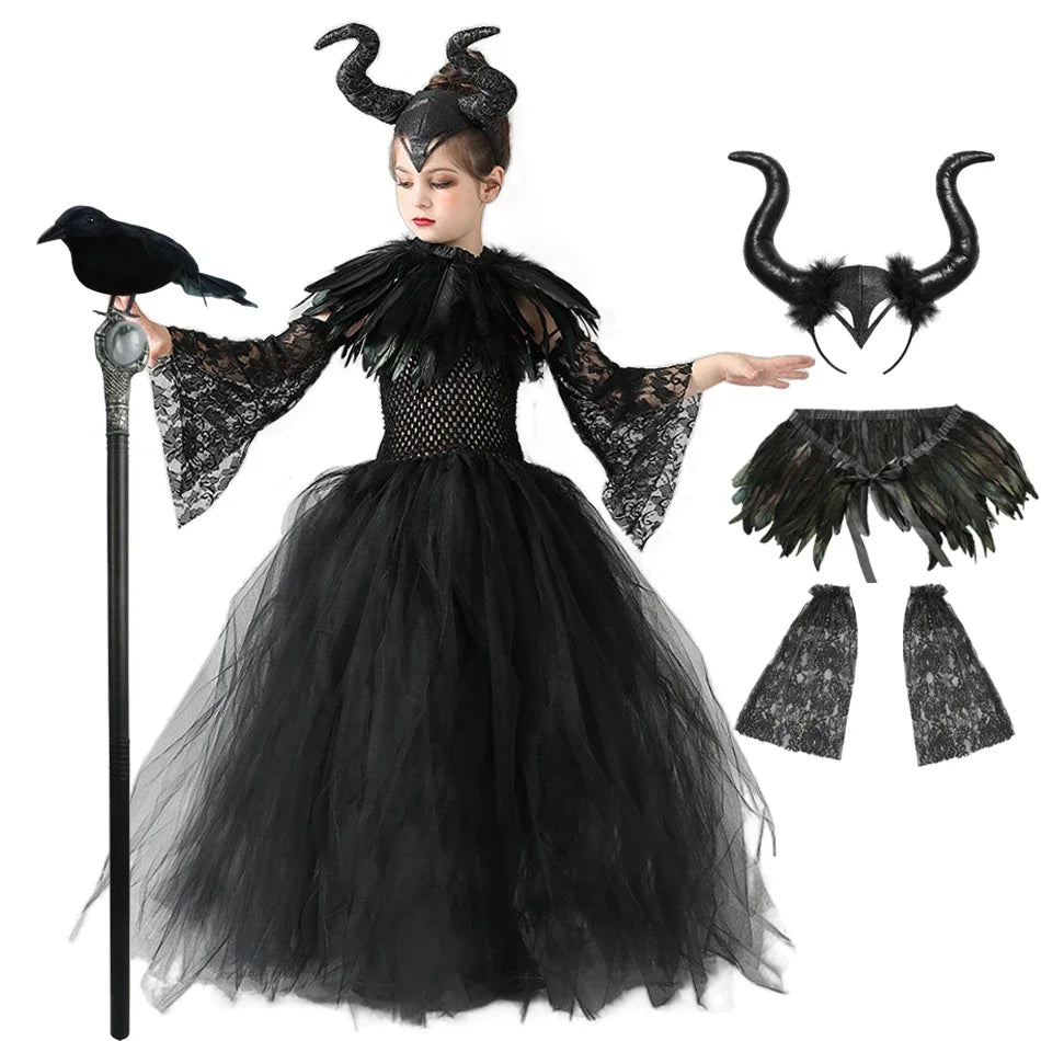 Kids' Horned Dark Fairy Queen Horned Dark Fairy Queen Evil Queen Witch Devil Black Tulle Halloween Costume - 1 pcs Set F / 4-5Y