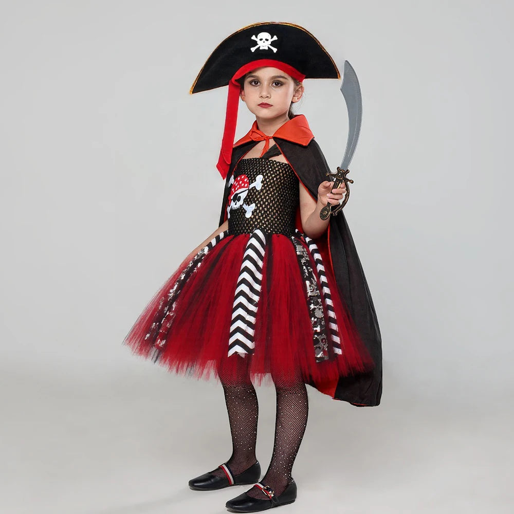 Black Red Halloween Girls Pirate Dress Cosplay Pirate Costume with Hat Kids Clothing - product image 3